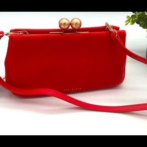 Ted Baker China Leather Bobble Kisslock Crossbody Bag Red